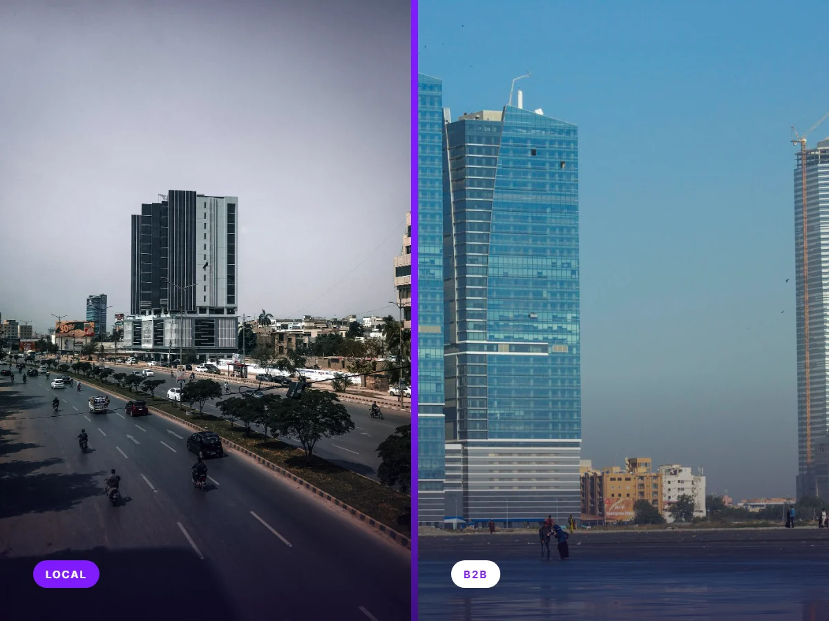Karachi city street beside the business district skyline, showing local and B2B SEO strategies for Karachi