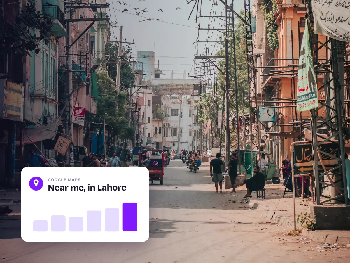 Busy street in Lahore with a Google Maps local search card, showing how Lahore customers find nearby businesses