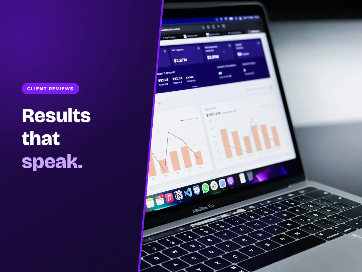 SEO results dashboard on a laptop representing OneRanked client reviews