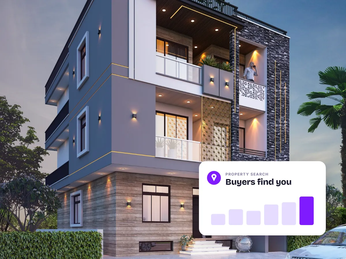 Modern residential building in Pakistan with a property search card, representing real estate SEO