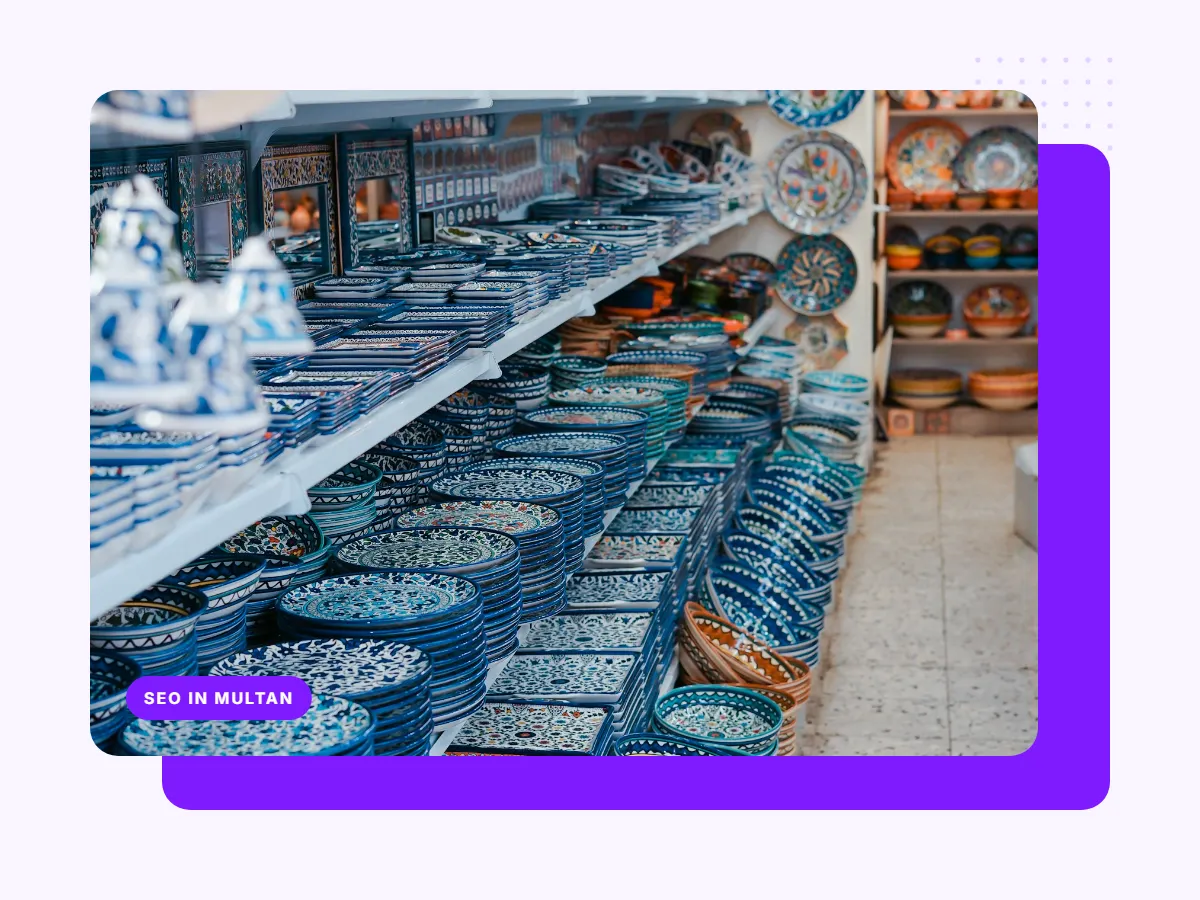Shelves of hand-painted blue pottery, representing SEO for Multan handicraft and local businesses
