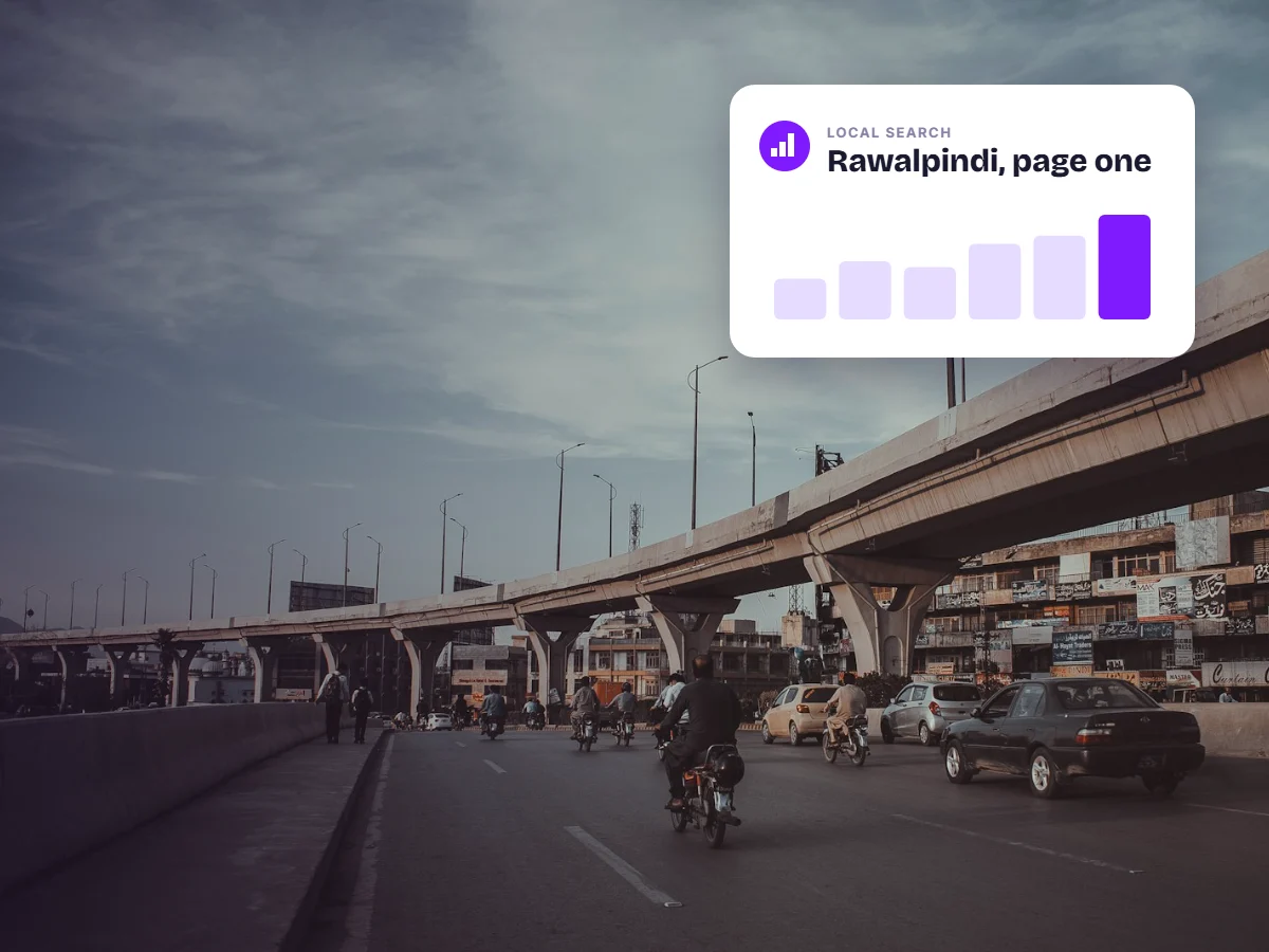 Rawalpindi Metro flyover and traffic with a local search growth card, representing SEO services in Rawalpindi