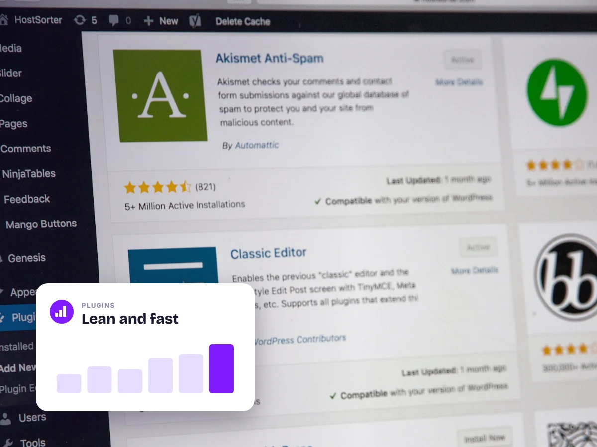 WordPress plugins screen with a speed card, representing WordPress speed and plugin optimisation for SEO